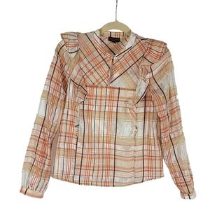 Anthropologie Plaid Ruffle Blouse - Orange and Cream